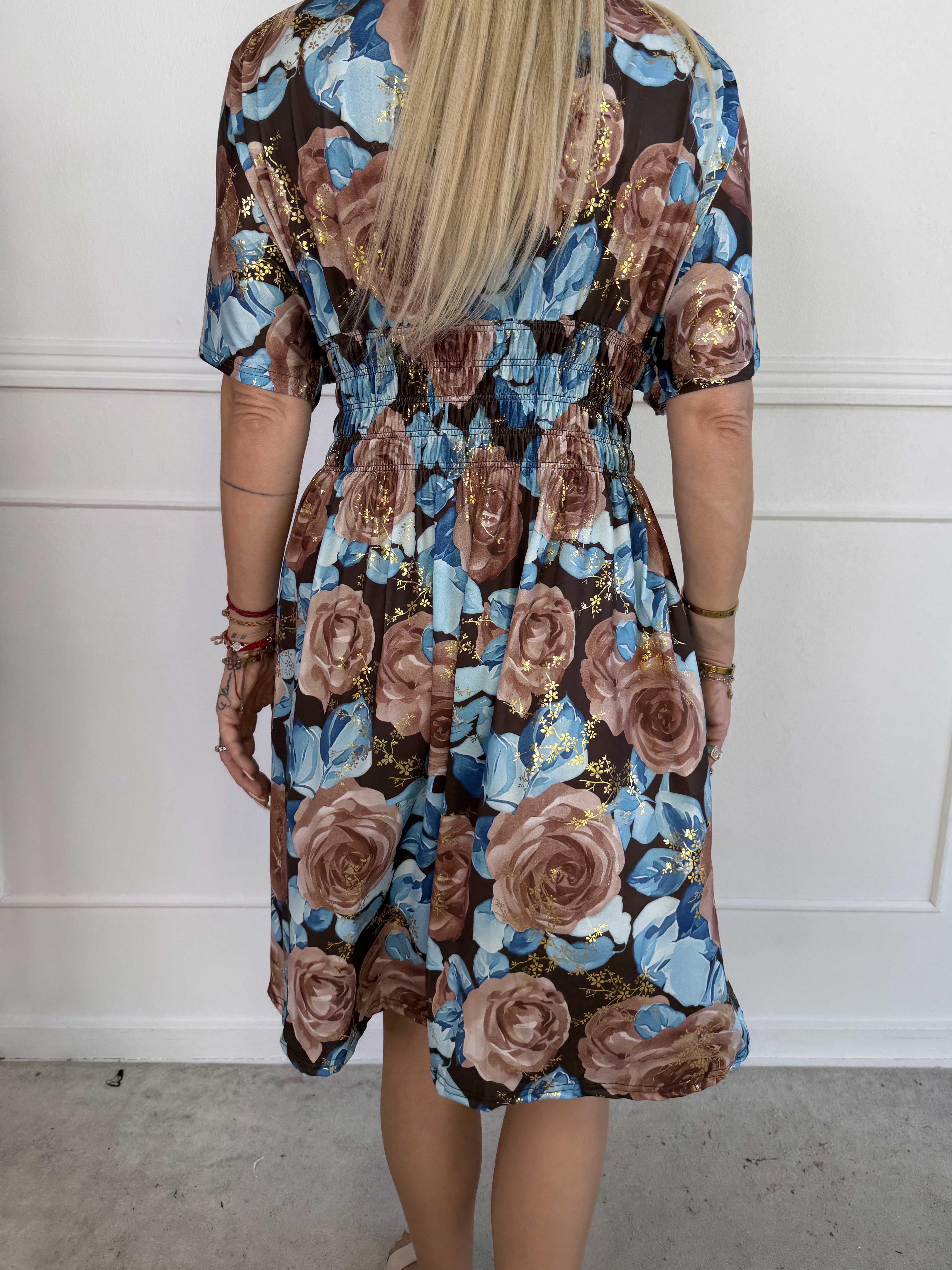 Pams Rose Short - Elastisk kjole med blomstermotiver og guld blade